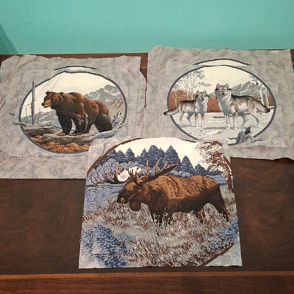 12 Wildlife Fabric Panels With Moose, Wolves And Bear For  Crafts / Sewing 6305